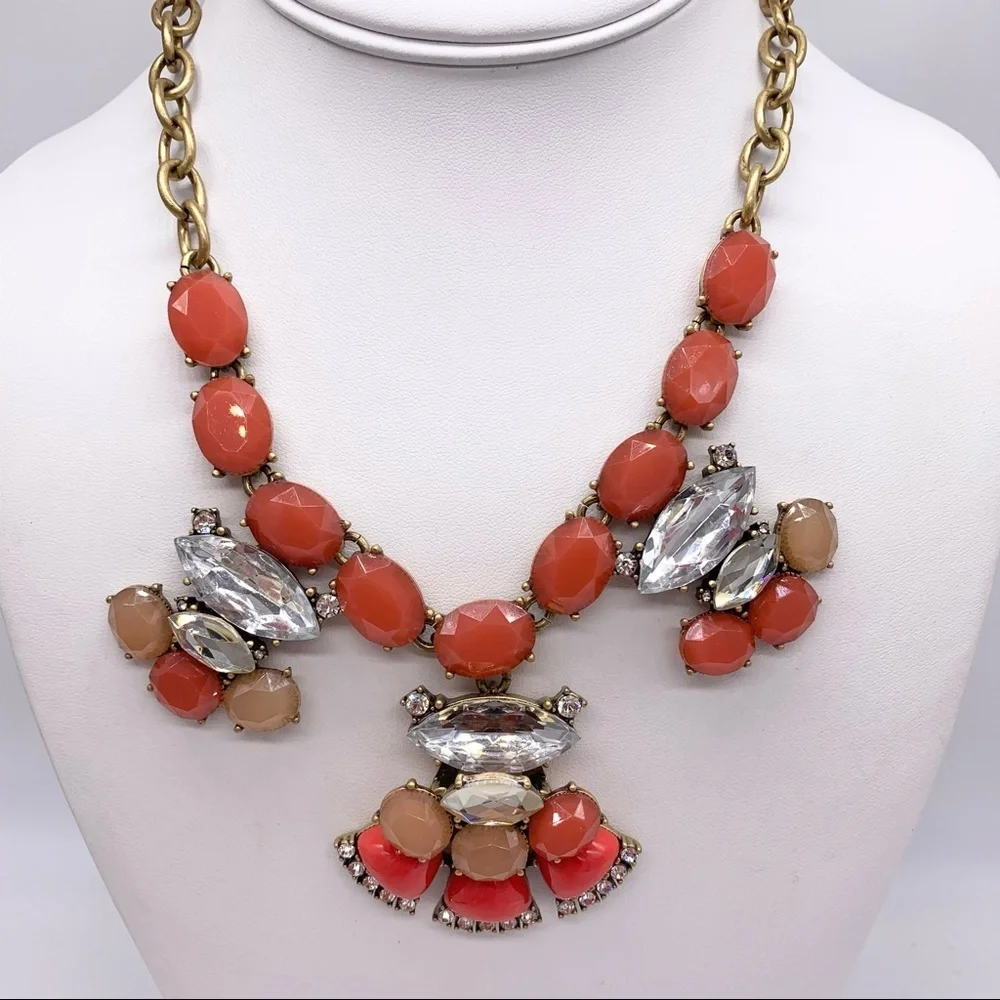 J. Crew Coral Red Peach Jeweled Necklace